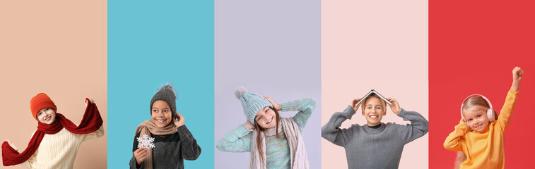 Canvas Print - Collage of cute little children in warm winter clothes on color background