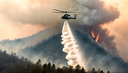 Wall Mural - Helicopter in Action: Battling the Blazing Wildfire with Water Drops in a Dramatic Display of Heroism and Natures Fury