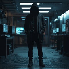 Wall Mural - Hacker standing alone in dark room.