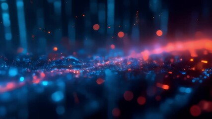 Enigmatic Cyber Landscape: Vivid Blue and Red Digital Lights in Abstract Setting. Digital code, binary streams depicting data flow and cyber security concept.