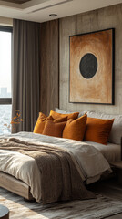 Canvas Print - A cozy bedroom with a bed dressed in linen sheets and a throw blanket.