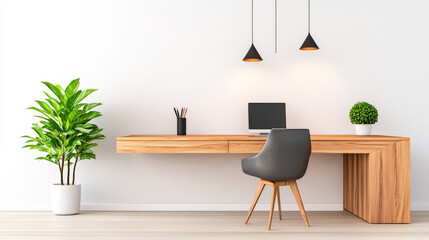 Sticker - Minimalist home office with a floating desk, grey chair, and potted plants.