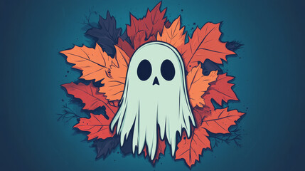 Poster - Spooky ghost in a pile of autumn leaves.