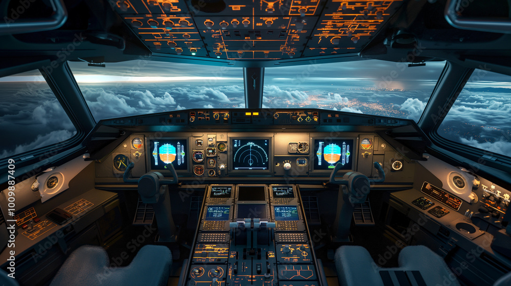 Two Point Perspective Cockpit Pilot's View from a Large Airplane Cockpit: Futuristic Controls and ...