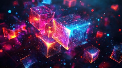 Generative AI abstract illustration of geometric shapes and structures in colorful neon colors and lights in cyberspace against dark background