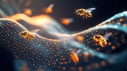 Wall Mural - a mesmerizing scene featuring glowing bees in vibrant colors. this digital artwork depicts an abstra