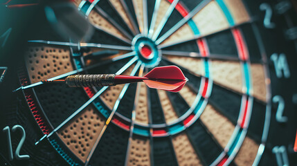 Wall Mural - a close-up of a dartboard with a single dart perfectly hitting the bullseye