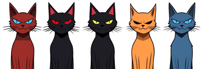 Sticker - Five cartoon cats with different colored fur and eyes.