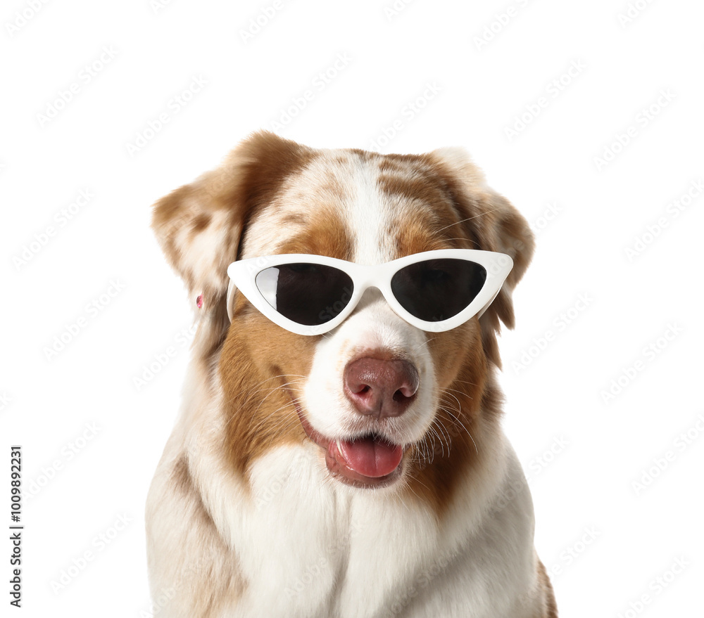 Cute Australian Shepherd dog in sunglasses on white background, closeup