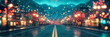 © Vertigo Images - Snowy street with festive lights.