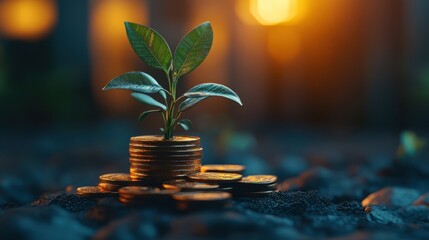 Coins stacked with a plant growing, representing investment and financial growth.,3D illustration