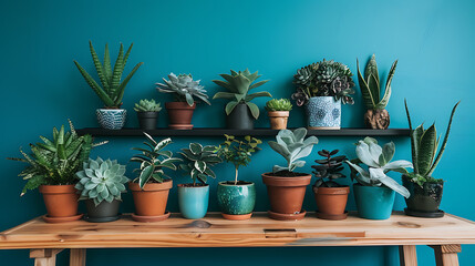 a beautiful collection of indoor plants arranged on a wooden table and shelf against a teal blue wall. The plants vary in size, shape, and color, featuring broad leaves