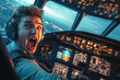 © wolfhound911 - A young Caucasian pilot with a humorous look of panic while communicating with his co-pilot in the cockpit. The dynamic setting and his expression create a funny aviation moment.