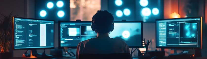 A focused individual working at multiple computer screens in a dimly lit room, showcasing coding and technology in action.