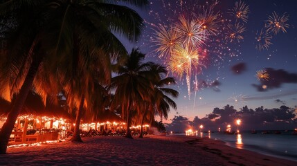 People gather on a tropical beach to celebrate New Year's Eve, enjoying vibrant fireworks lighting up the night sky while palm trees provide a festive backdrop