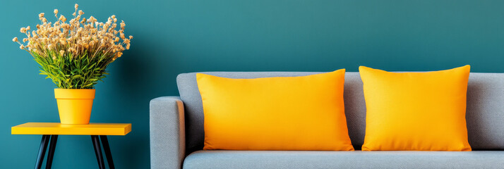 A grey sofa with two bright yellow throw pillows in a living room.