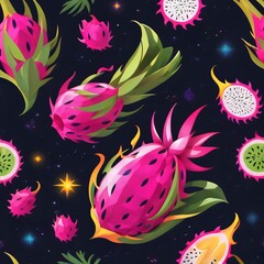 Vibrant dragon fruit illustration with a cosmic background showcasing various fruit varieties and colors