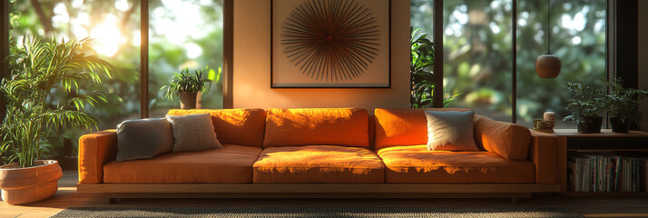 Canvas Print - Orange sofa in a modern living room with large windows and plants