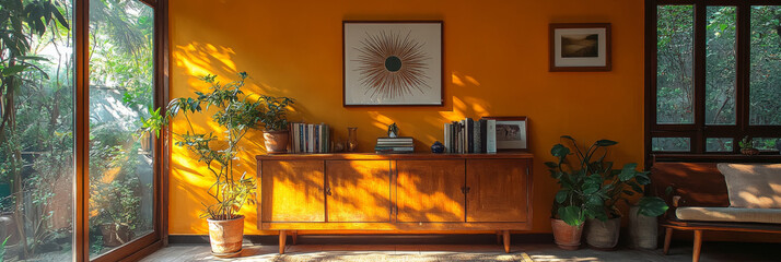 Sticker - Mid-century modern living room with sunlight streaming through the windows.