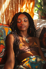 Sticker - A young African American hippie girl, her skin glowing in the soft sunset light, relaxing on a bohemian-style bed with colorful fabrics and cushions, her peaceful aura radiating tranquility.