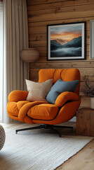 Canvas Print - Cozy living room with an orange armchair and a framed mountain landscape print.