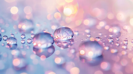 Canvas Print - multiple water droplets of different sizes on a smooth surface. The droplets reflect light, creating a beautiful bokeh effect with soft pastel colors in the background