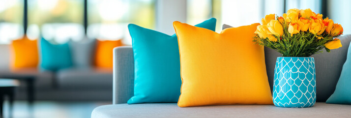 Poster - Bright yellow and blue pillows adorn a comfy couch, with a vase of flowers adding a touch of color.