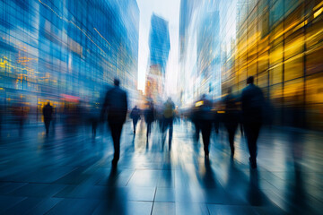 A dramatic perspective of a large corporate building, showcasing the motion blur of workers rushing to work in the foreground. The scene is alive with energy, reflecting the vibrancy and activity of