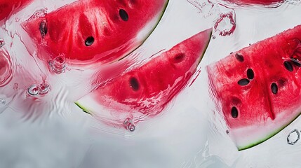 Wall Mural -   Watermelon slices float on a pond with droplets