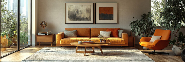 Wall Mural - Modern living room with orange sofa and armchair.