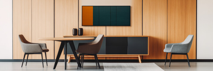 Poster - Modern meeting room interior with a large TV screen and wooden panel walls.