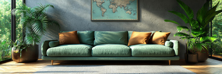 Wall Mural - Green couch in a modern living room with plants.