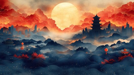 Sticker - A serene landscape featuring mountains, clouds, and a large sun.