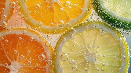 Wall Mural -   Lemons, oranges, and lime slices on a blue surface with water droplets on a white background