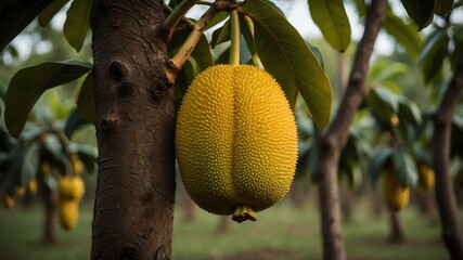 closeup image of a jackfruit attached to its tree background