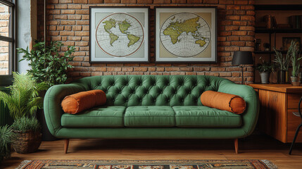 Wall Mural - Green tufted sofa with orange pillows in a modern living room.