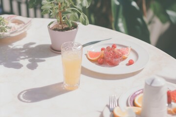 Wall Mural - Brunch on table furniture juice fruit.