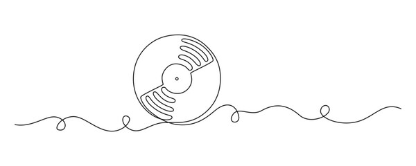 Poster - One continuous line drawing of Vinyl LP record with notes. Vintage black disk and Retro sound album in simple linear style. Editable stroke. Doodle vector illustration