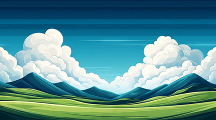 Wall Mural - A picturesque view of rolling green hills and majestic mountains under a blue sky with fluffy white clouds.