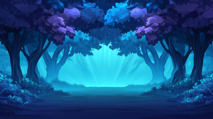 Canvas Print - A mystical forest with glowing blue light shining through the trees.