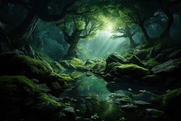 Wall Mural - Green mountains landscape outdoors fantasy.