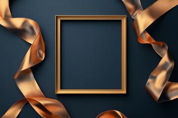 Wall Mural - A gold frame with a dark blue background and two golden ribbons on each side.