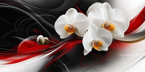 An abstract background featuring dynamic black and red shapes with flowing lines, highlighting white orchids against a vibrant backdrop