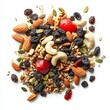 © Irina Ukrainets - A colorful assortment of nuts, seeds, and dried fruits on a bright white background. Perfect for healthy snacking or as an addition to recipes. This vibrant mix promotes wellness. AI