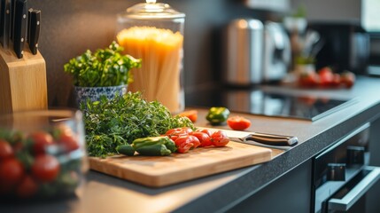 A sleek, modern kitchen features a cutting board with fresh vegetables and herbs, suggesting a healthy cooking atmosphere. The space is minimalist and well-organized.