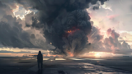 Wall Mural - The image depicts a large explosion on a runway, with thick, dark smoke billowing into the sky. In the foreground