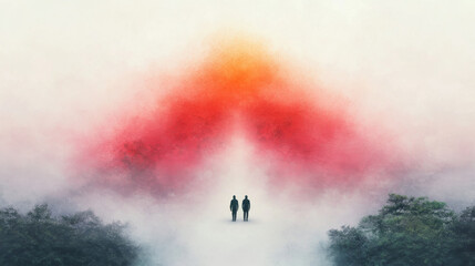 Poster - Two figures walk towards a glowing red and orange light in a foggy forest.