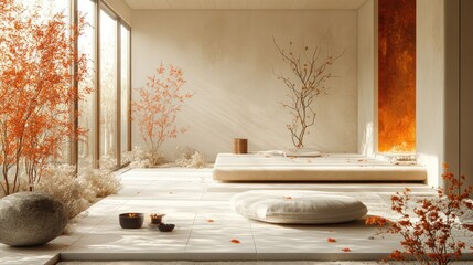 Sticker - Serene minimalist room with autumn decor and natural elements.