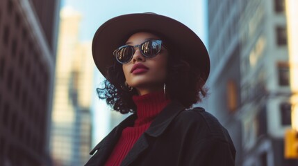 A fashionable woman with curly hair wears sunglasses and a hat in an urban environment, showcasing a stylish and modern look with high-rise buildings in the background.