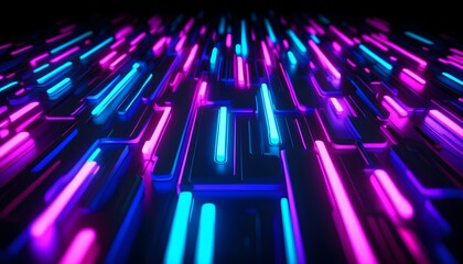 Wall Mural - Vibrant Neon Arrow Buttons Glowing Against a Dark Backdrop in a Dynamic Gaming Environment, 3D Visuals